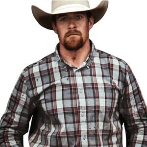 Filson Sutter Sport Shirt Red Grey S Plaid Cotton Poplin Button Down Western EUC